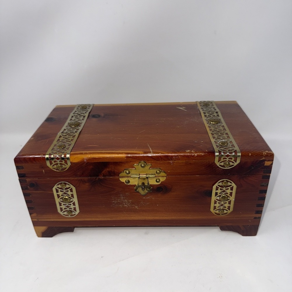 Vintage Cedar Wood Keepsake Box Brass Hardware Footed Trinket Chest Jewelry Box
